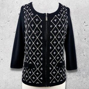 White House Black Market Cardigan 3/4 Sleeve Beaded Full Zip Front Black White S